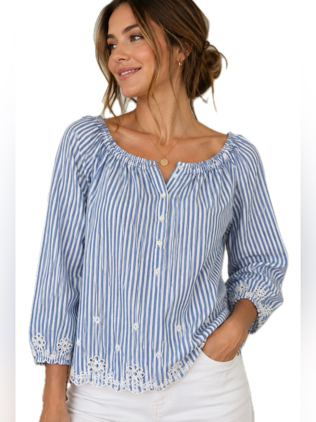 Polo Ralph Lauren Blue White Striped Eyelet Peasant Blouse 14 Cottagecore